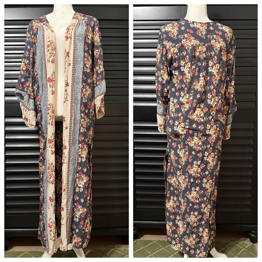 Angie Long Duster Robe Kimono Layer Top Large Blue Floral Boho Cottage